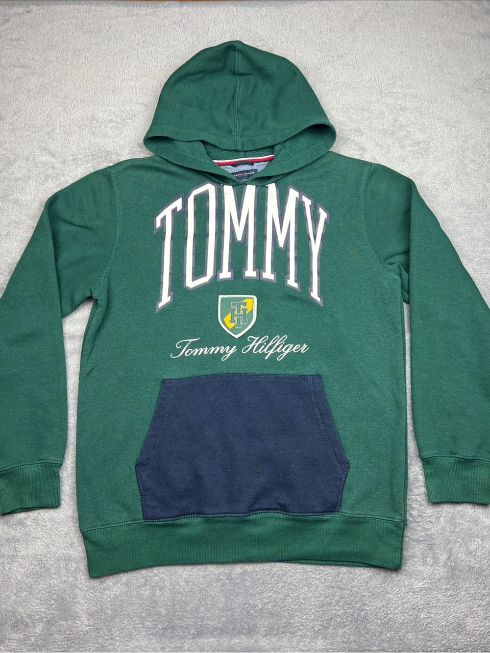 Tommy Hilfiger Unisex 16/18 Large Pullover Hoodie Green & Navy Kangaroo Pocket